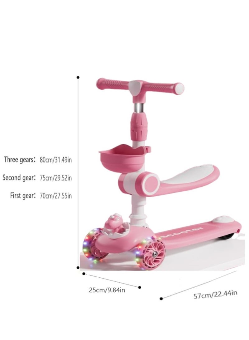 3 Wheel Scooter for Kids - Foldable & Unbreakable, 2-in-1 Kick Scooter with Music and Lights, Adjustable Height, Wide Deck, Flashing Wheel Light (Pink Plus)