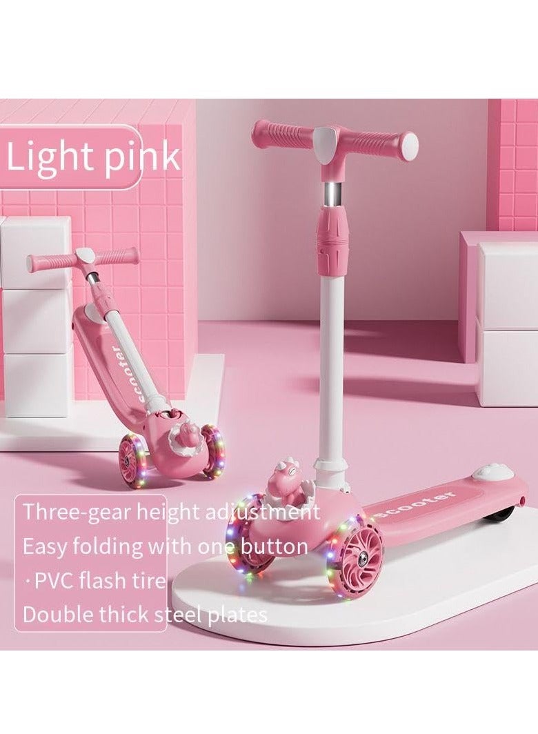 3 Wheel Scooter for Kids - Foldable & Unbreakable, 2-in-1 Kick Scooter with Music and Lights, Adjustable Height, Wide Deck, Flashing Wheel Light (Pink)