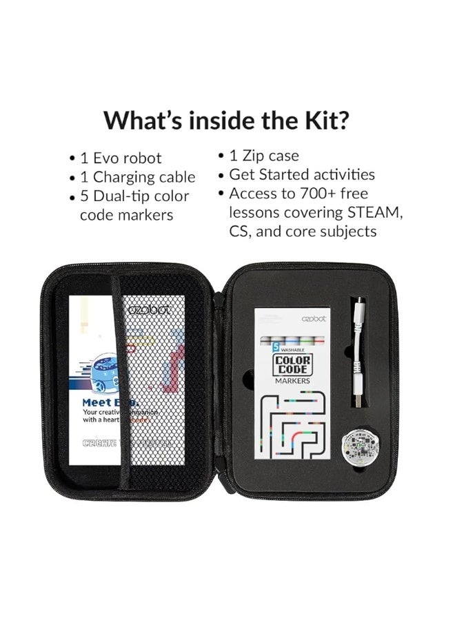 Evo Entry Kit: Interactive Coding Robot, Kids Ages 5+, Includes Color Code Markers, Charging Cable, Zip Case, Access to 700+ STEM Lessons - Educators & Parents, No Coding Experience Required