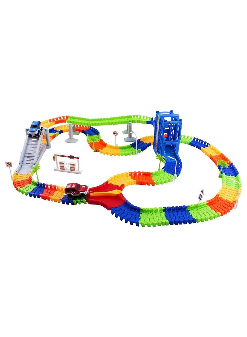 Race Car Track Set Toy Educational Twisted Flexible Tracks 240 Pcs 2 Cars Toy with Lifter, Bridge ,Trees, Gas Station for Kids Children Toys