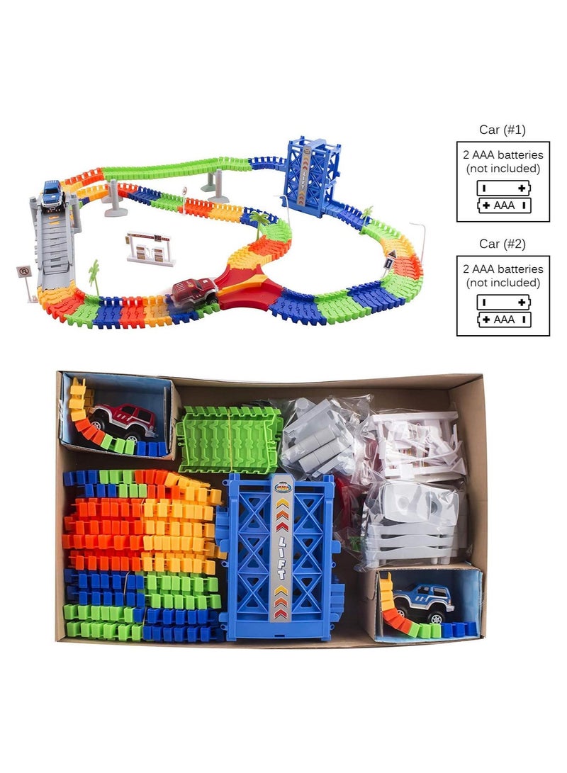 Race Car Track Set Toy Educational Twisted Flexible Tracks 240 Pcs 2 Cars Toy with Lifter, Bridge ,Trees, Gas Station for Kids Children Toys