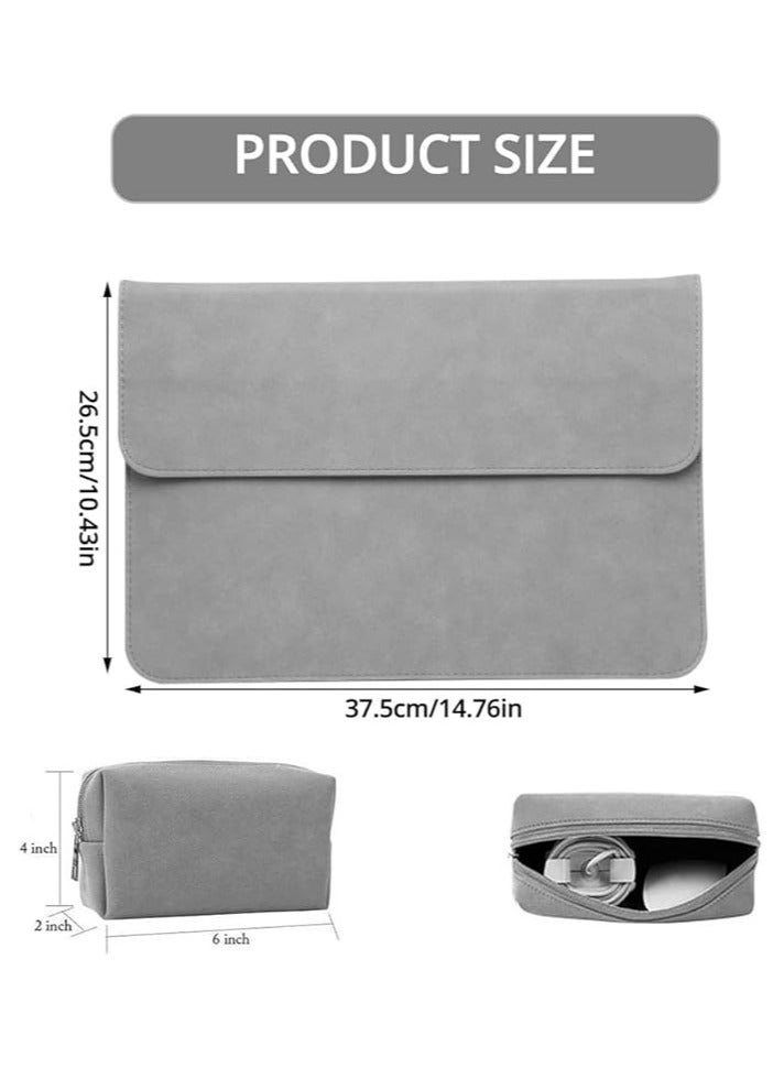 13-14 Inch Laptop Stand Sleeve Case, 13-14 Inch Computer Bag with 3 Adjustable Angle Laptop Stand, Faux Suede Leather for 13-14 Inch MacBook Air Pro Retina 13-14 Inch Surface Pro with Pouch (Gray)