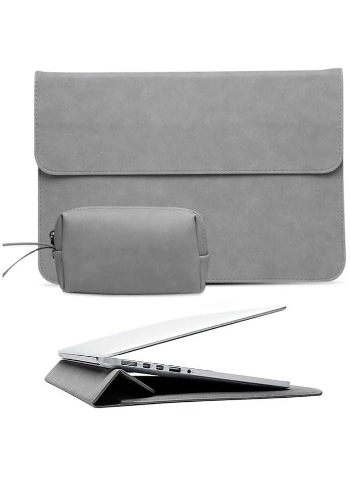 13-14 Inch Laptop Stand Sleeve Case, 13-14 Inch Computer Bag with 3 Adjustable Angle Laptop Stand, Faux Suede Leather for 13-14 Inch MacBook Air Pro Retina 13-14 Inch Surface Pro with Pouch (Gray)