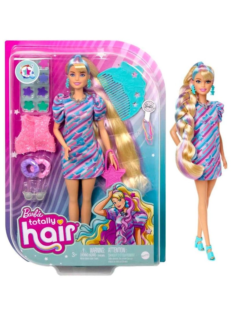 Barbie Totally Hair Star-Themed Doll, 8.5 inch Fantasy Hair, Dress, 15 Accessories