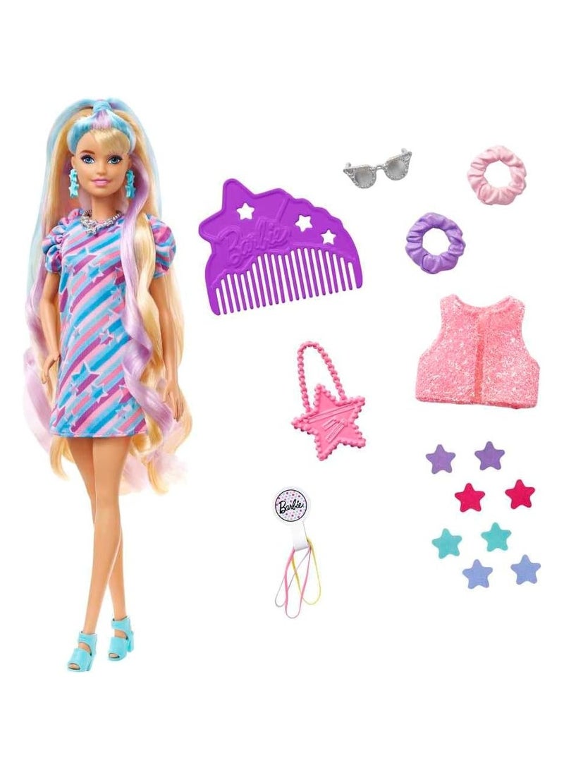 Barbie Totally Hair Star-Themed Doll, 8.5 inch Fantasy Hair, Dress, 15 Accessories