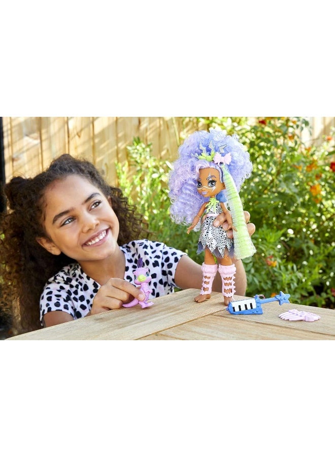 Mattel Cave Club Bashley Doll 810inch Lavender Hair Poseable Prehistoric Fashion Doll with Dinosaur Pet and Accessories Gift for 4 Year Olds and Up