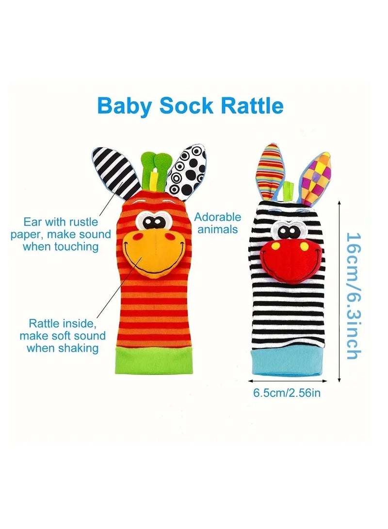 Baby Wrist Rattles Sock Toys, Newborn Baby Sock Toys 0-6 Months Foot Finder And Cartoon Cute Animal Set, Infant Rattle Socks Toy 3-6 Months, Soft Sensory Toys For 0-12 Months Toddler Newborns Boy Girl