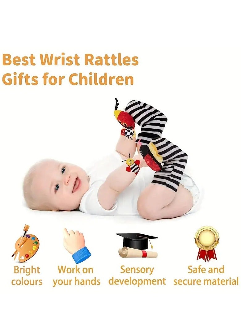 Baby Wrist Rattles Sock Toys, Newborn Baby Sock Toys 0-6 Months Foot Finder And Cartoon Cute Animal Set, Infant Rattle Socks Toy 3-6 Months, Soft Sensory Toys For 0-12 Months Toddler Newborns Boy Girl