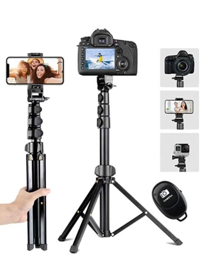 142cm Extendable Tripod Stand with Bluetooth Remote for iPhone Android Phone, Universal Phone Clip, Heavy Duty Aluminum, Compatible with Small Camera (Black)