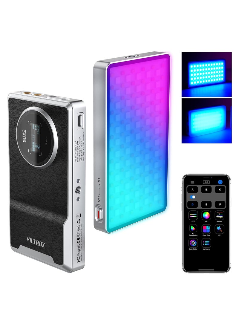 12W RGB Camera Light, Portable Photography Lighting, RGB LED Video Light with App Control, Supports Used While Charging, Dimmable Panel Lamp, CRI97+/26 Scenes/2500K-8500K Mini On Camera Light