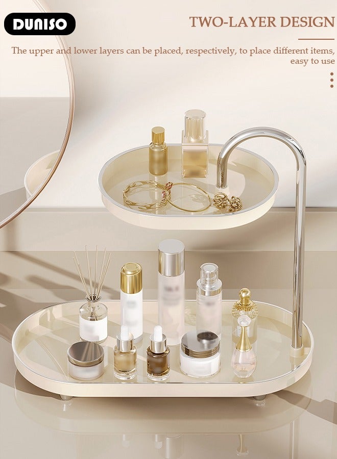 2 Tier Bathroom Countertop Organizer, Multifunction Vanity Storage Tray with Metal Handle, Jewelry & Cosmetics Display Stand, Simple Design Storage Rack, Counter Trays for Bathroom, Kithen, Vanity, Porch