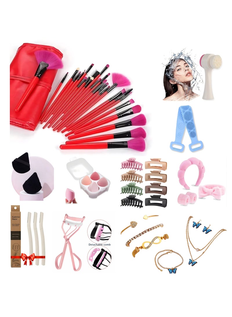 54-IN-1 Razors Make Up Puff Make Up Sponges Eyelash Curler Spa Headbands Thick Hair Clips Bath Belt Double Sided Cleanser Charm Bracelets (RED)