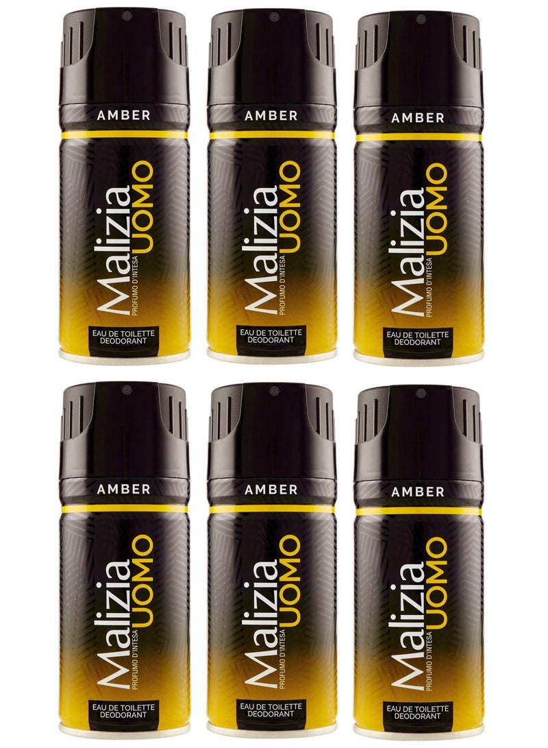 Malizia Uomo Amber Deodorant Body Spray 150ml (Pack of 6)