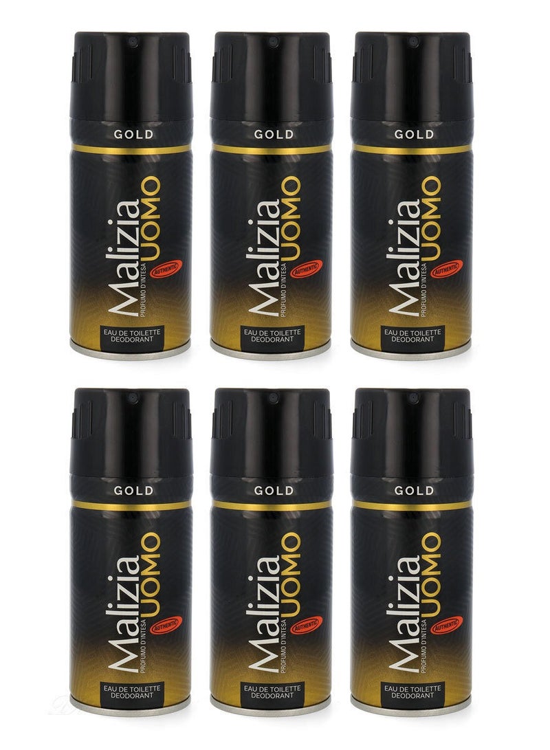 Malizia Uomo Deodorant Gold Body Spray 150ml (Pack of 6)