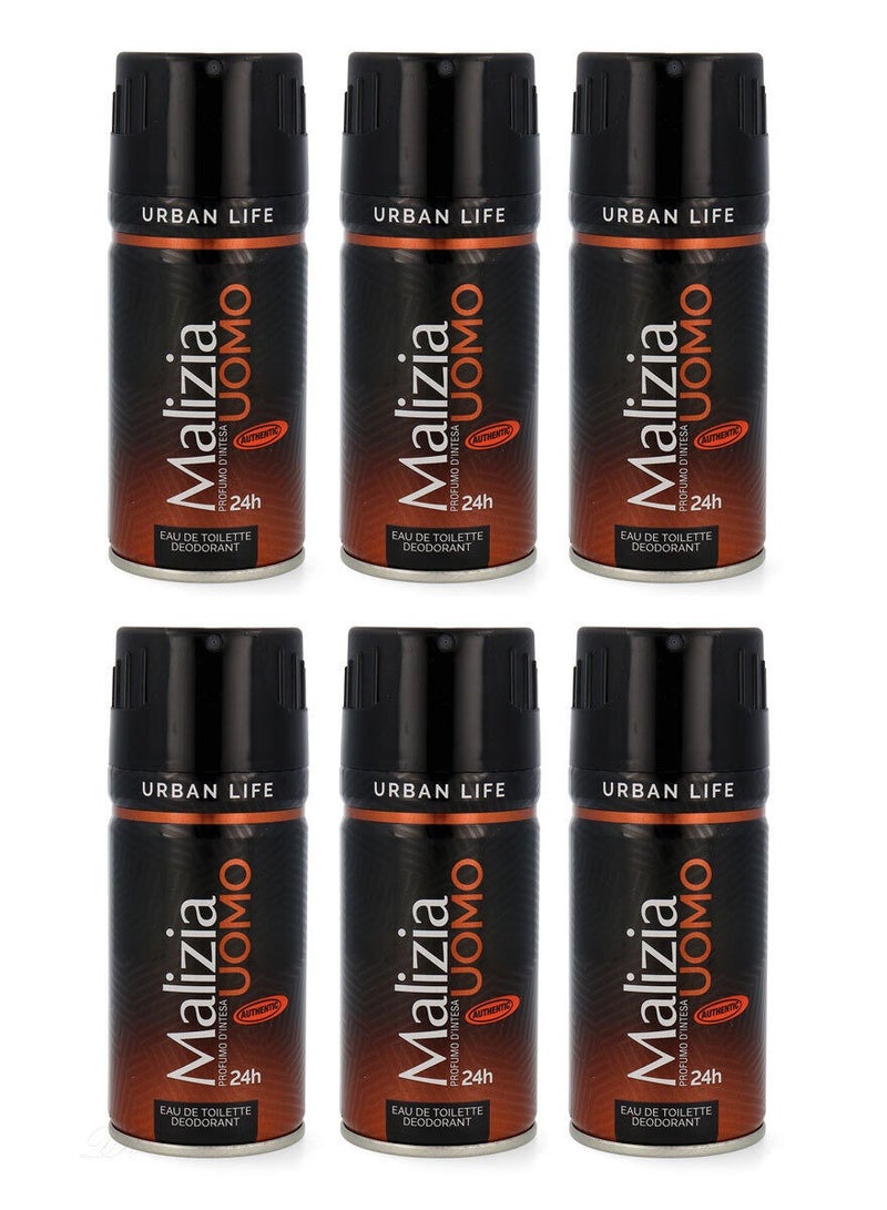 Malizia Uomo Urban Life Deodorant Body Spray 150ml (Pack of 6)