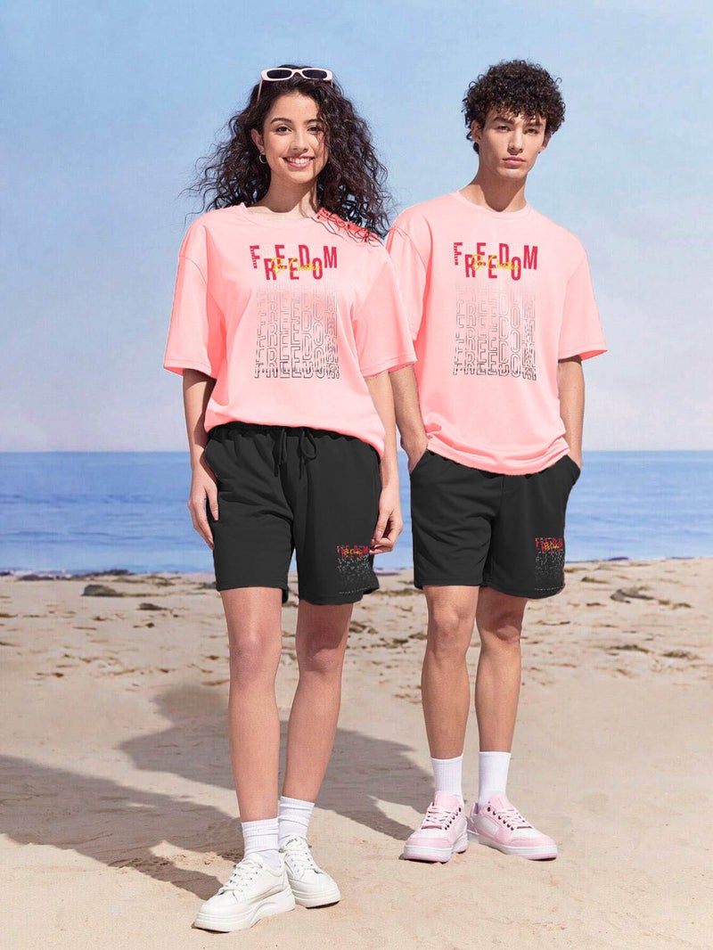 Lover Couple Combination T-Shirt-Shorts Freedoom Printed Oversize Pink