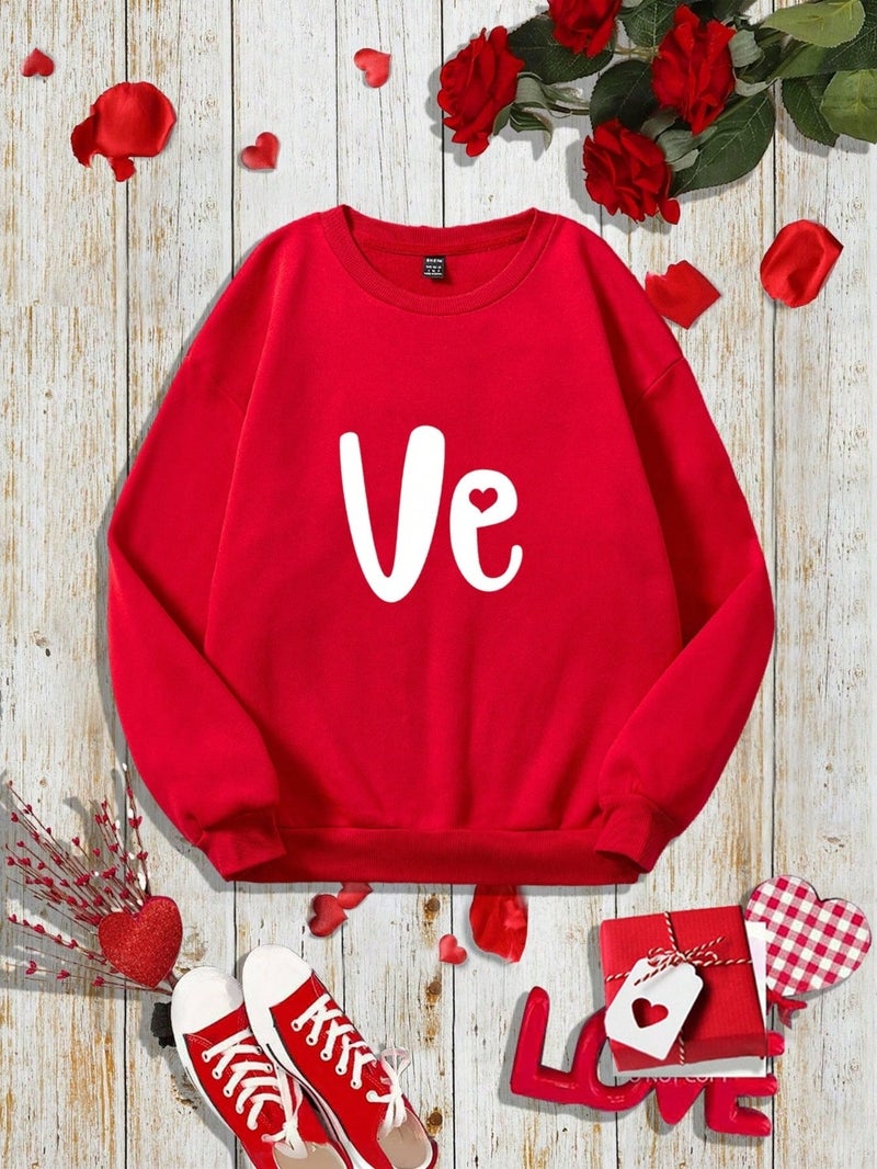 Unisex Women's Red Valentine Day Sweatshirt Heart Long Sleeve Crew Neck Oversize