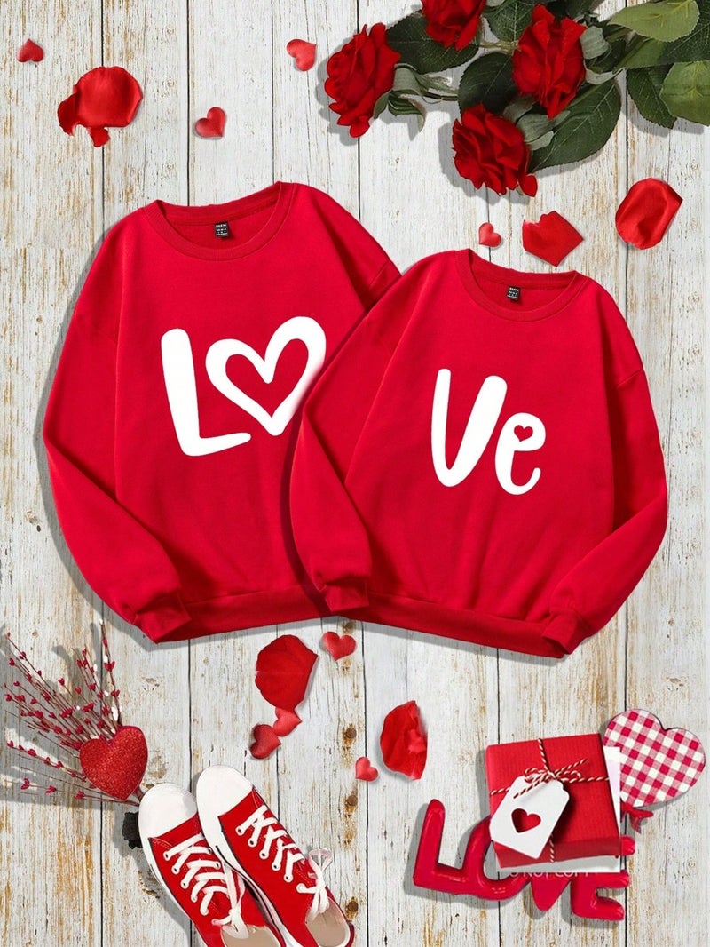 Unisex Women's Red Valentine Day Sweatshirt Heart Long Sleeve Crew Neck Oversize