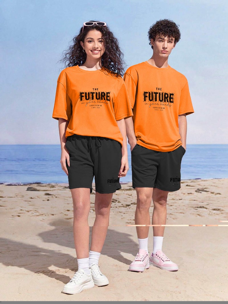 Lover Couple Combination T-Shirt-Shorts Futurw Printed Oversize Orange