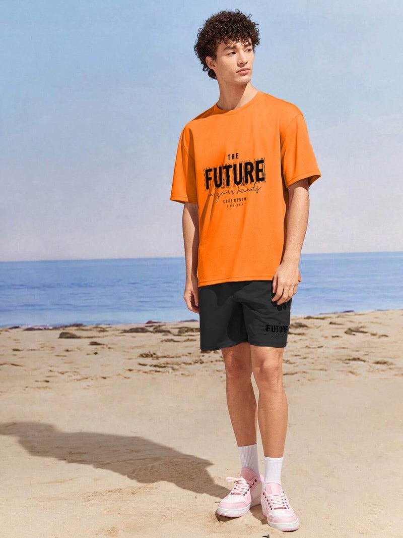 Lover Couple Combination T-Shirt-Shorts Futurw Printed Oversize Orange