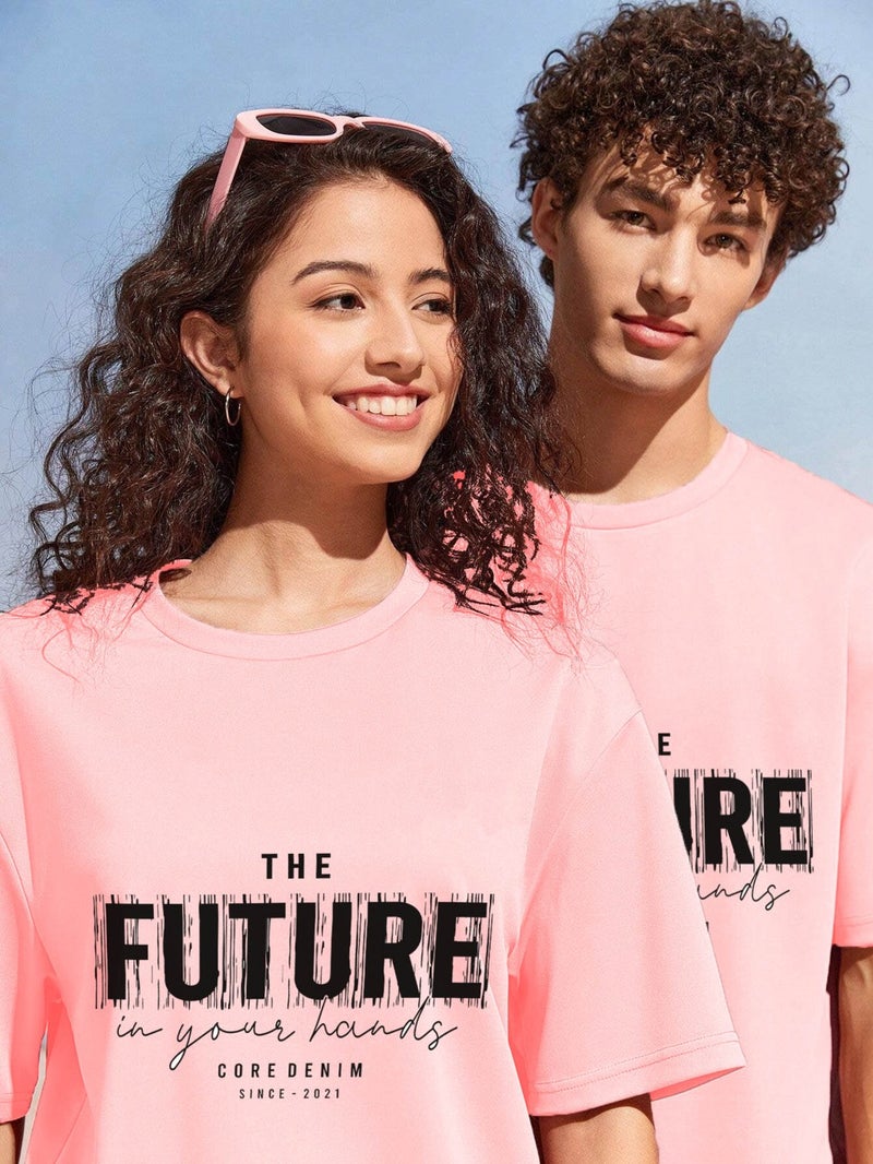 Lover Couple Combination T-Shirt-Shorts Futurw Printed Oversize Pink