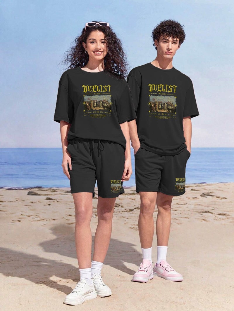 Lover Couple Combination T-Shirt-Shorts Duelist Printed Oversize Black