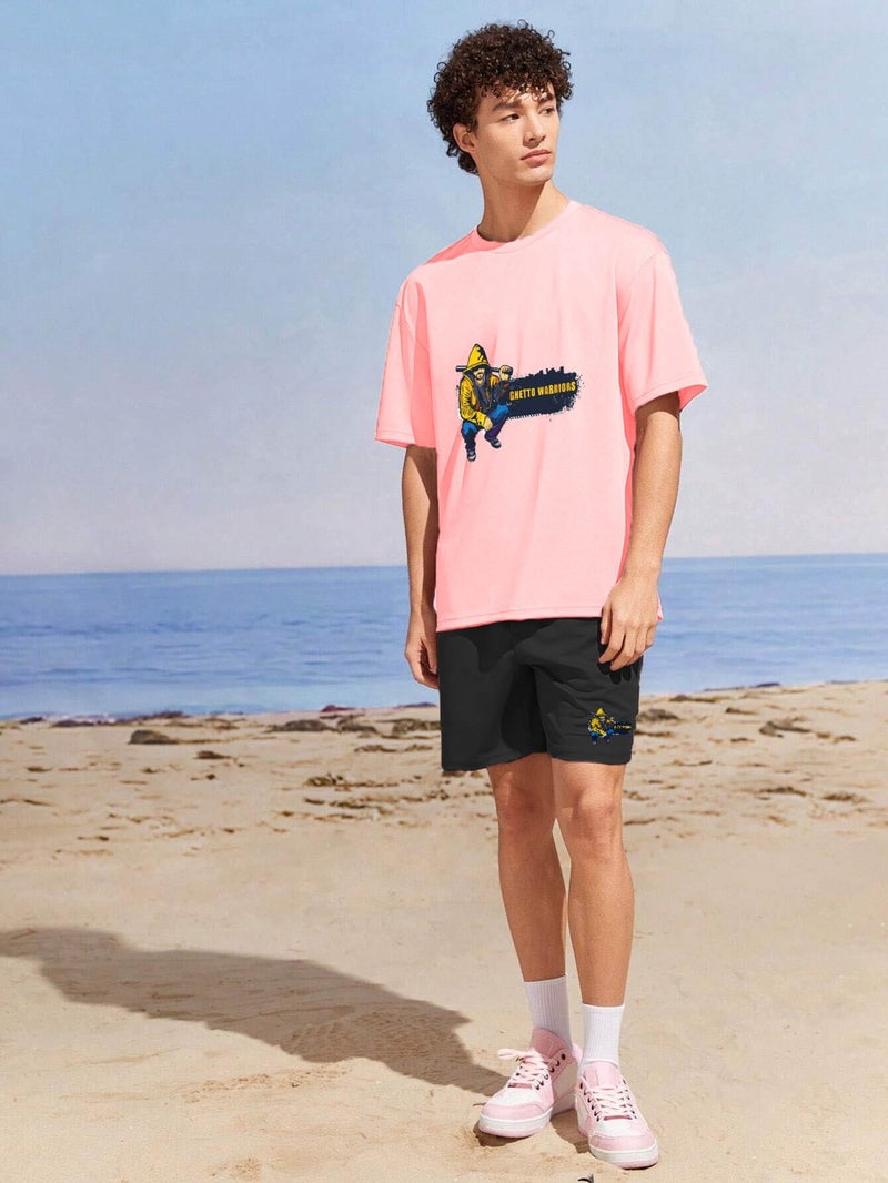 Lover Couple Combination T-Shirt-Shorts Ghettowarriors Printed Oversize Pink