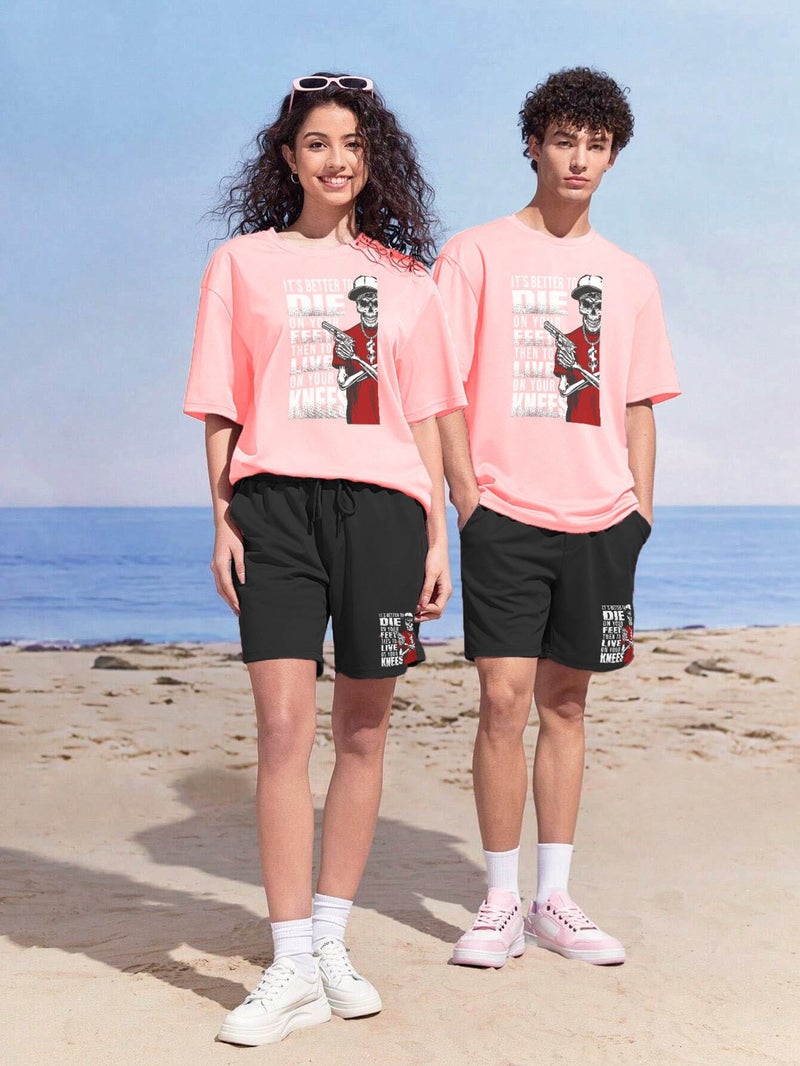 Dear Couple Combination T-Shirt-Shorts Die Printed Oversize Pink