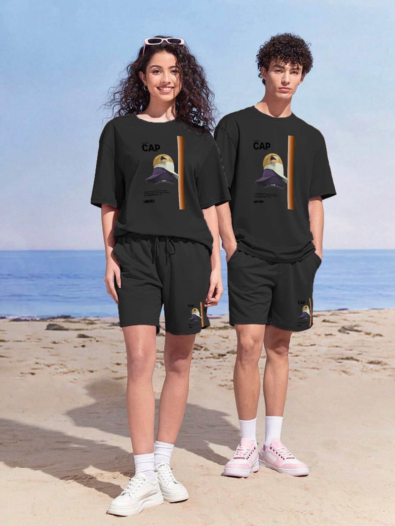 Dear Couple Combination T-Shirt-Shorts Byebye Printed Oversize Pink