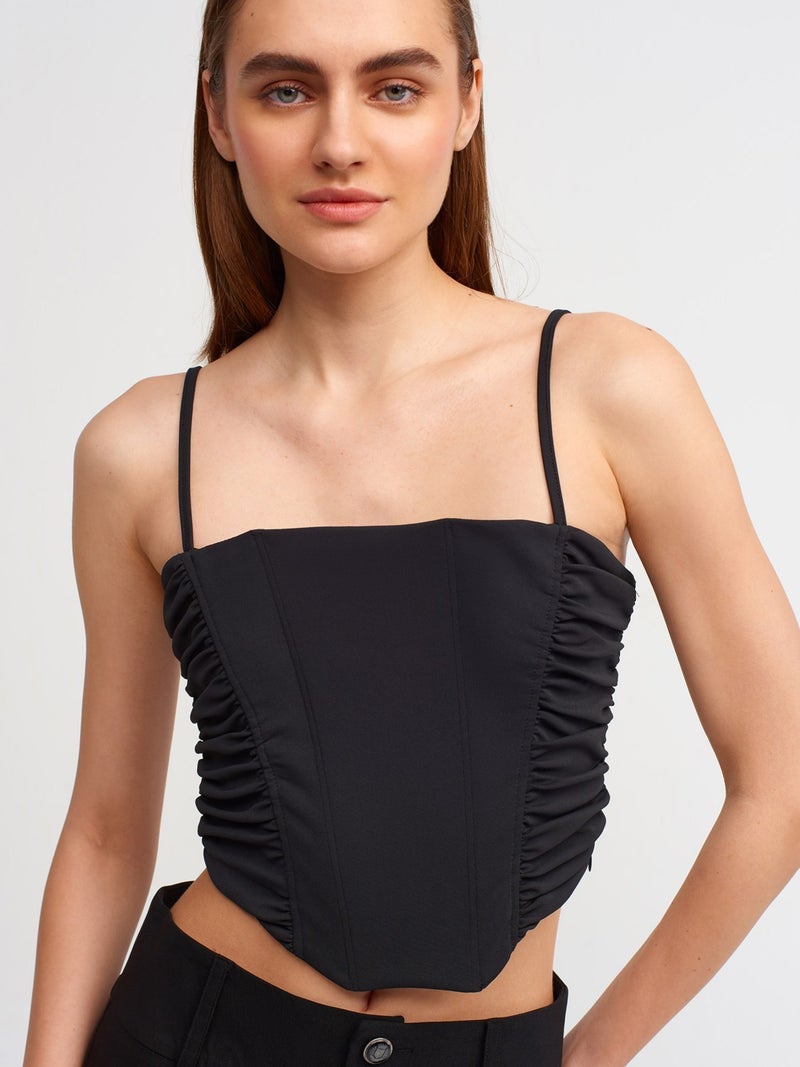 20129 Pleated Detailed Crop Top-Black