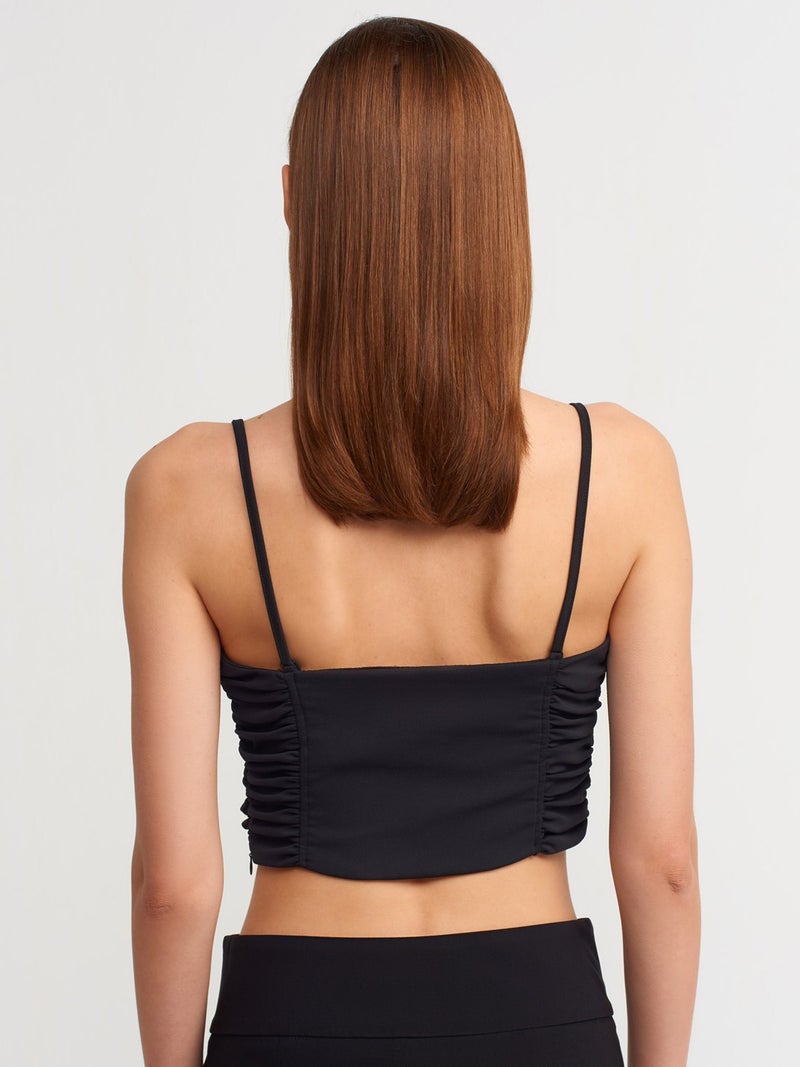 20129 Pleated Detailed Crop Top-Black