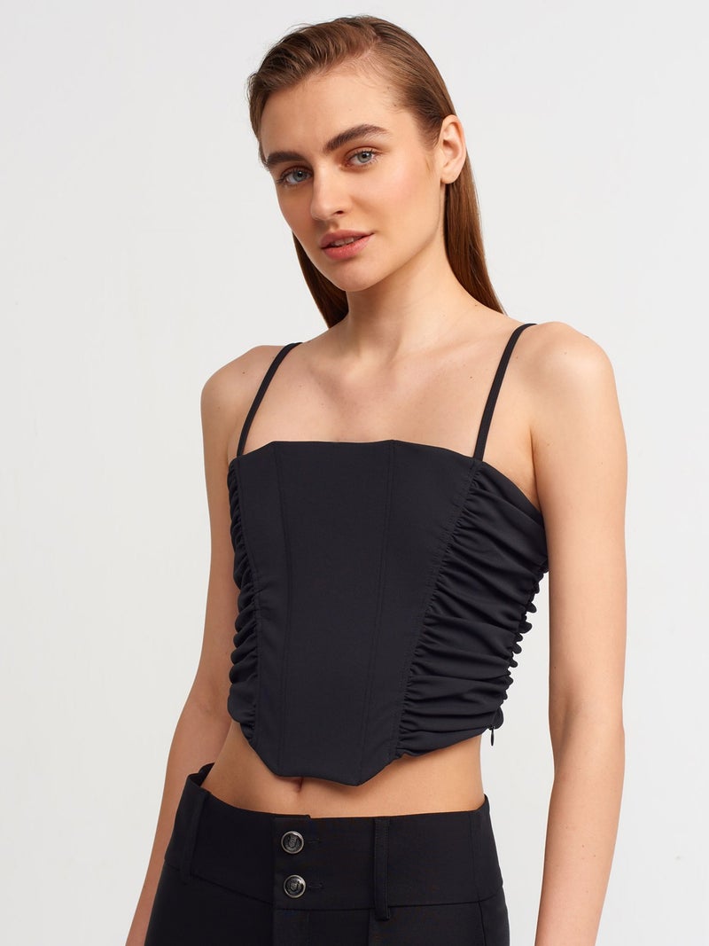 20129 Pleated Detailed Crop Top-Black