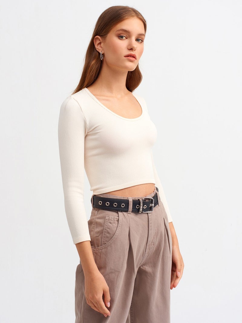 3529 Pool Neck Long Sleeve Crop Top-Natural