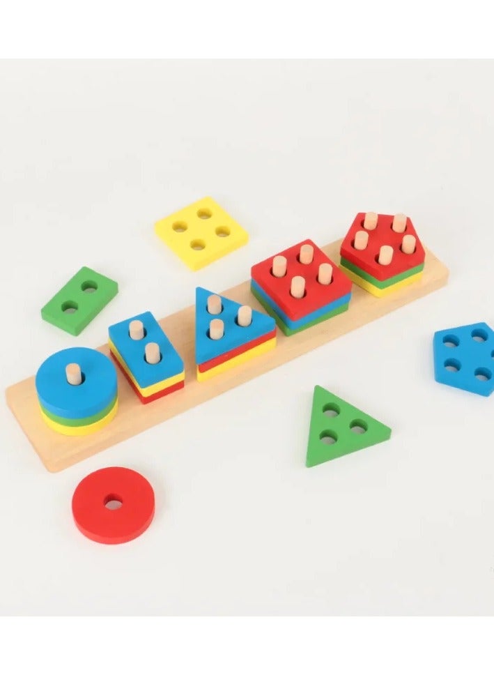 Montessori Wooden Geometric Shape Puzzle Five Sets of Columns Blocks Assembling Children's Early Education Enlightenment Toys