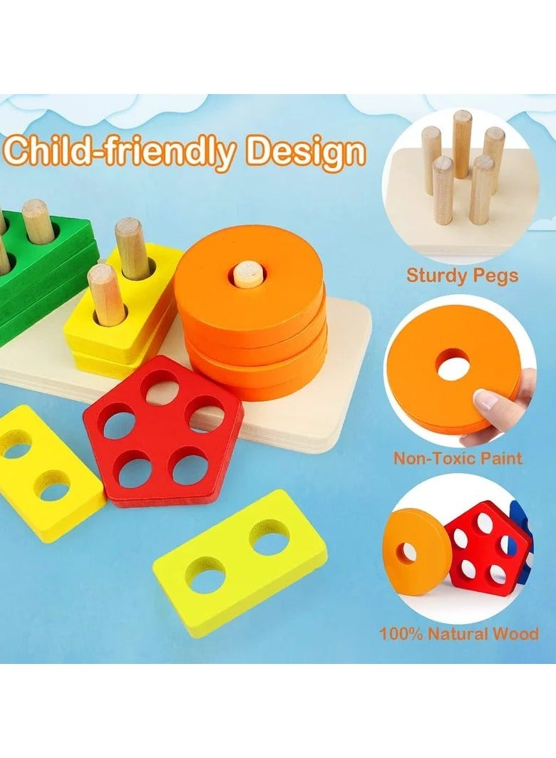 Montessori Wooden Geometric Shape Puzzle Five Sets of Columns Blocks Assembling Children's Early Education Enlightenment Toys