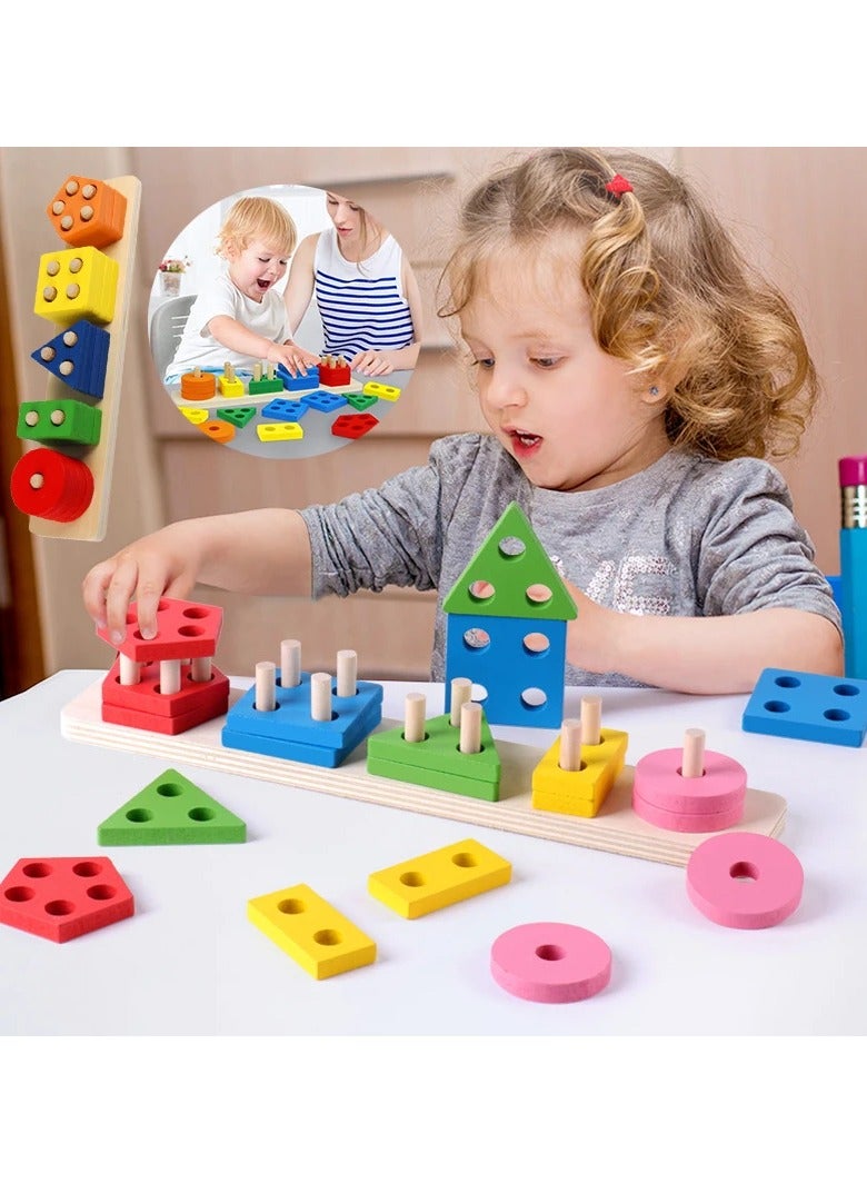 Montessori Wooden Geometric Shape Puzzle Five Sets of Columns Blocks Assembling Children's Early Education Enlightenment Toys