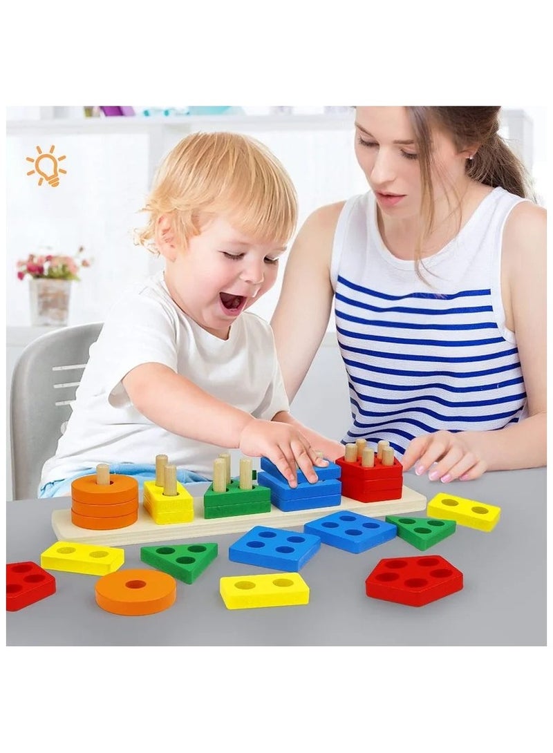 Montessori Wooden Geometric Shape Puzzle Five Sets of Columns Blocks Assembling Children's Early Education Enlightenment Toys