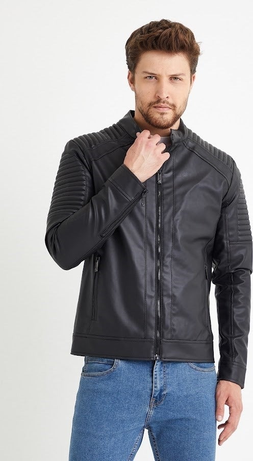 Men's Black Leather Water and Windproof Leather Coat