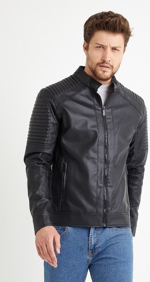 Men's Black Leather Water and Windproof Leather Coat