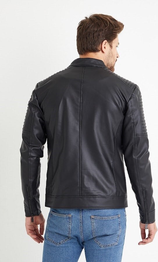 Men's Black Leather Water and Windproof Leather Coat