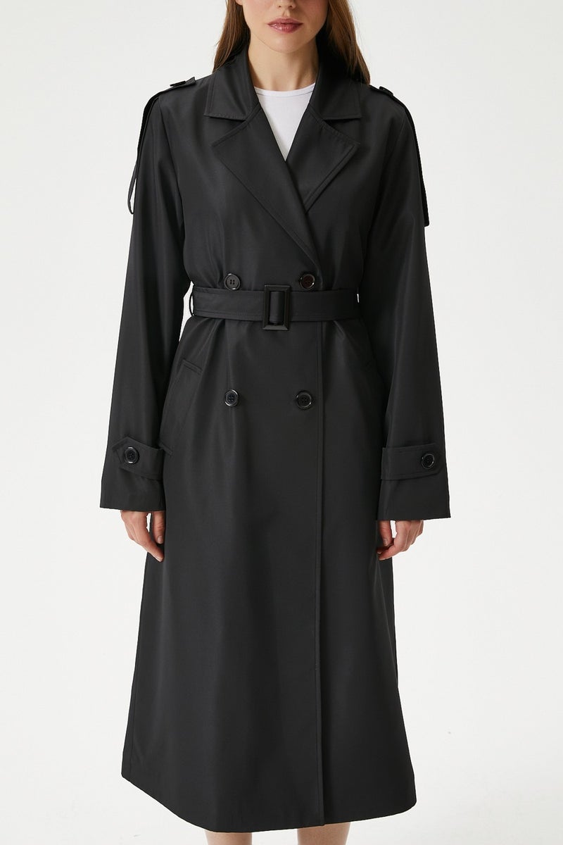 Women's Detroit Lined Epaulette Detailed Long Black Trench Coat