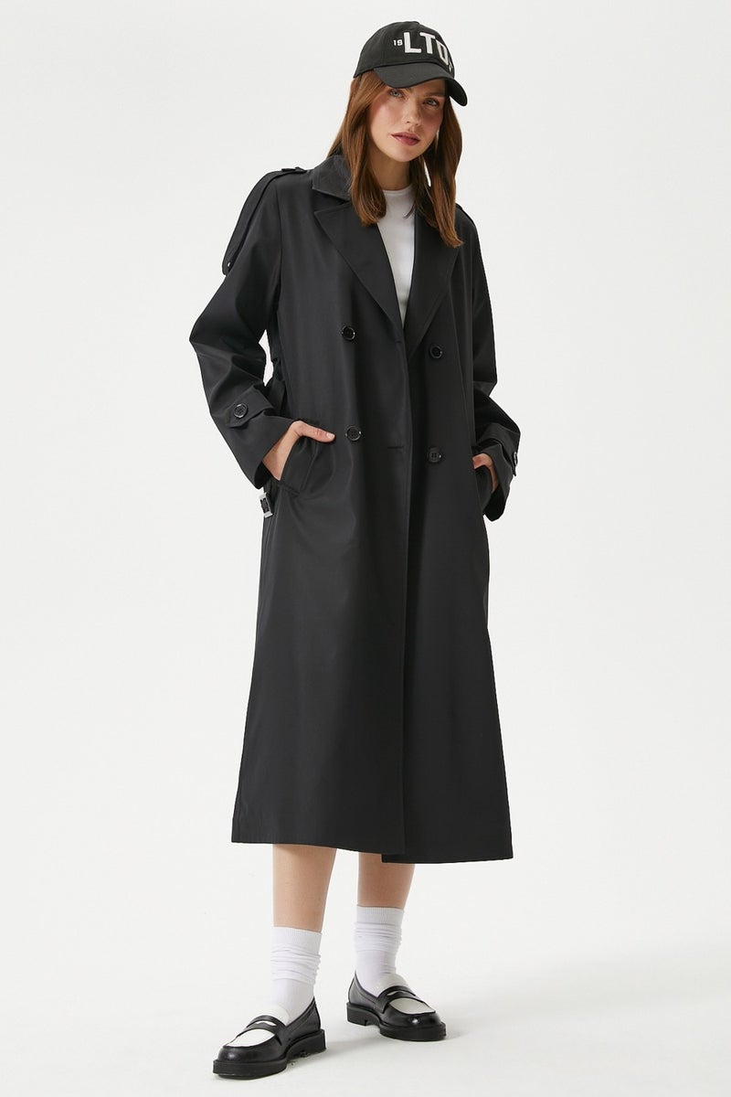 Women's Detroit Lined Epaulette Detailed Long Black Trench Coat