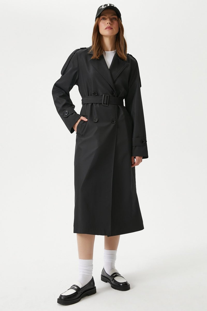 Women's Detroit Lined Epaulette Detailed Long Black Trench Coat