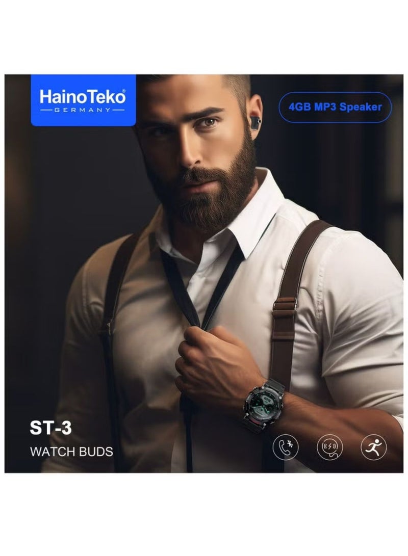 Haino Teko Germany ST3 AMOLED Watch Buds 4GB MP3 Speaker Voice Recorder Fitness Watches For Android iOS- Original