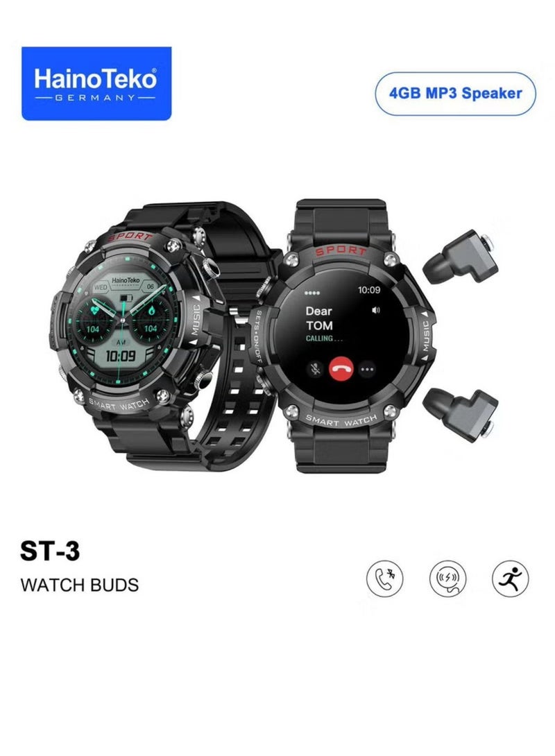 Haino Teko Germany ST3 AMOLED Watch Buds 4GB MP3 Speaker Voice Recorder Fitness Watches For Android iOS- Original