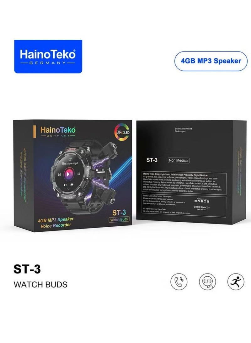 Haino Teko Germany ST3 AMOLED Watch Buds 4GB MP3 Speaker Voice Recorder Fitness Watches For Android iOS- Original