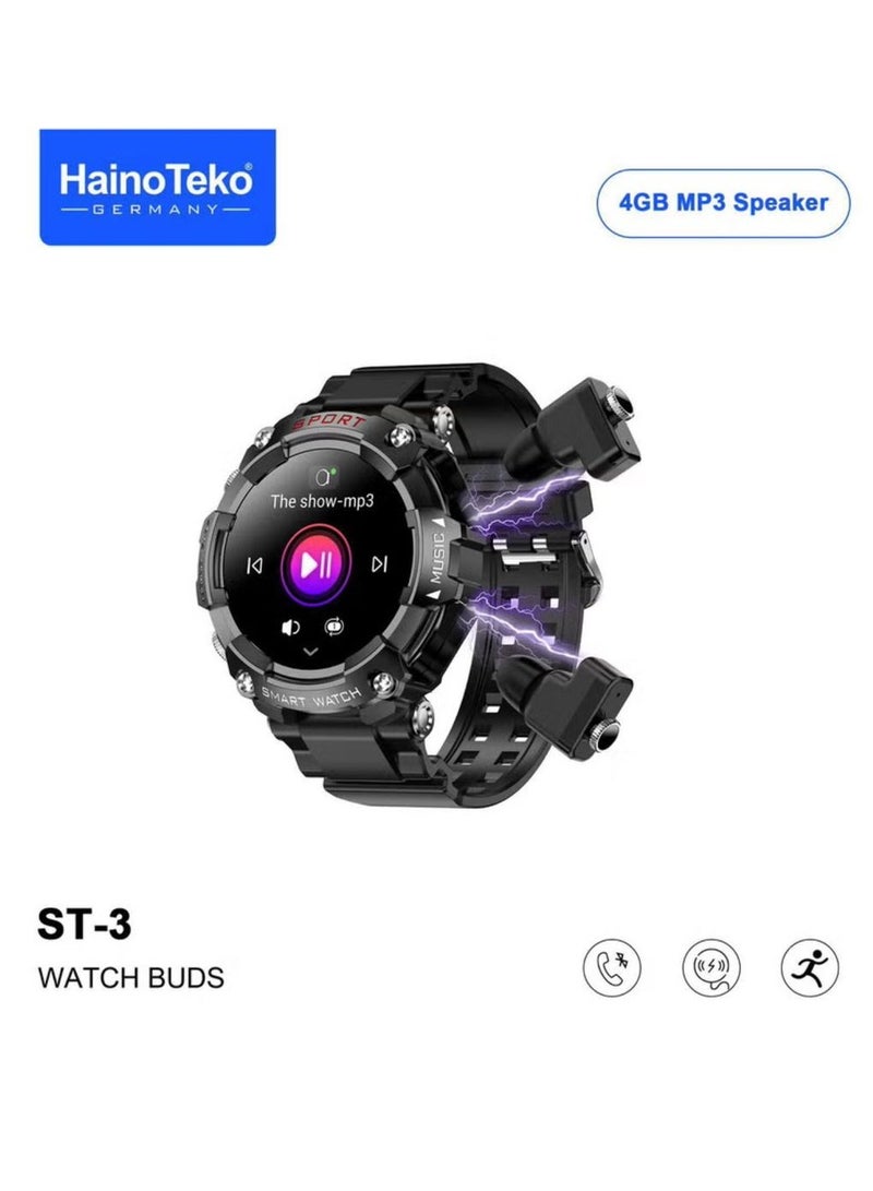 Haino Teko Germany ST3 AMOLED Watch Buds 4GB MP3 Speaker Voice Recorder Fitness Watches For Android iOS- Original