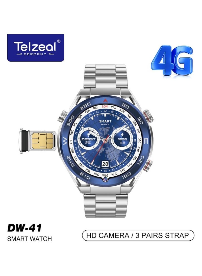 Telzeal Germany DW-41 4GB+64GB 1.53 Inch Full Curved Display, 4G Smart Watch With Sim Slot Front Camera and 3 Pair Straps For Gents and Boys