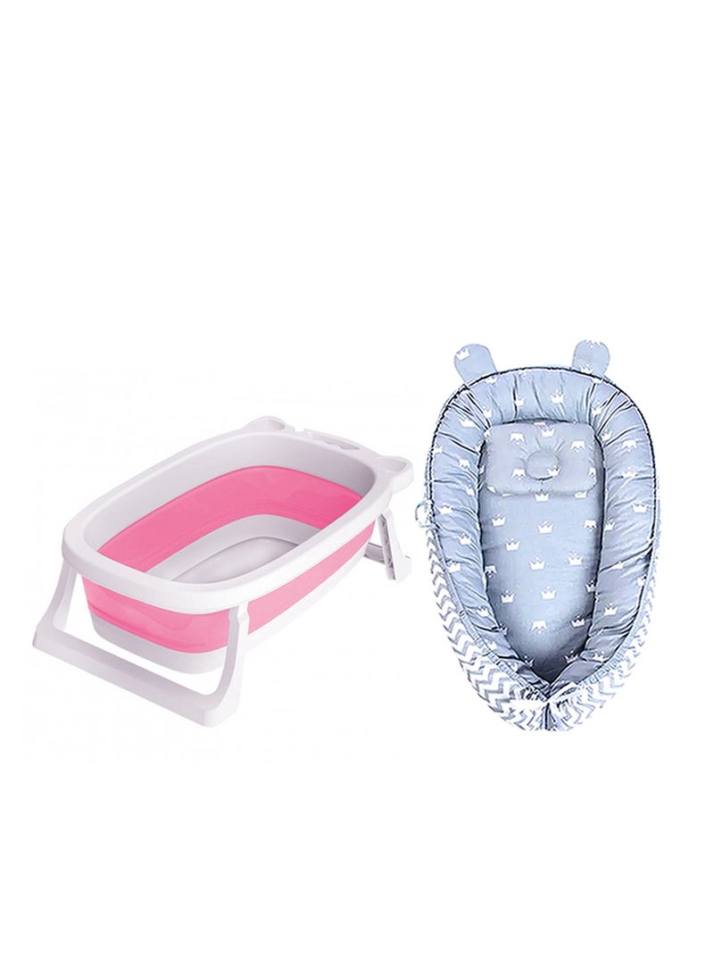 Star Babies Pack of 2 (Baby Sleeping Pod with Foldable bathtub) - Grey/Pink