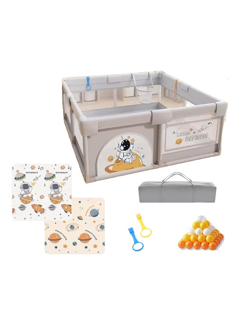 Extra Large 180x200cm Baby Playpen with Zip Gate Opening, Play Mat, 60 Ocean Balls and 2 Plastic Handles (Astronaut Design)